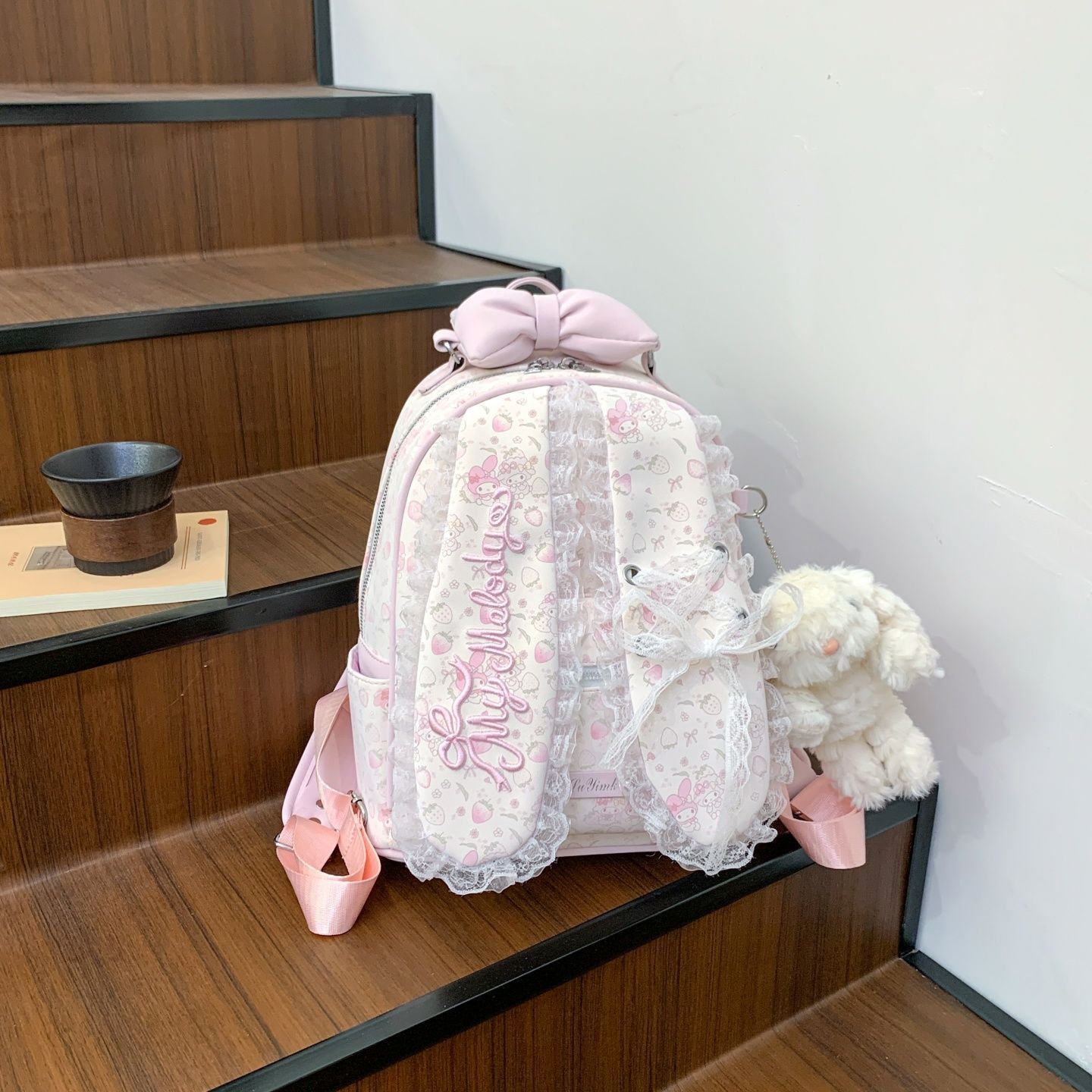 软萌碎花兔子双肩包少女蕾丝蝴蝶结书包可爱玩偶挂件学生背包