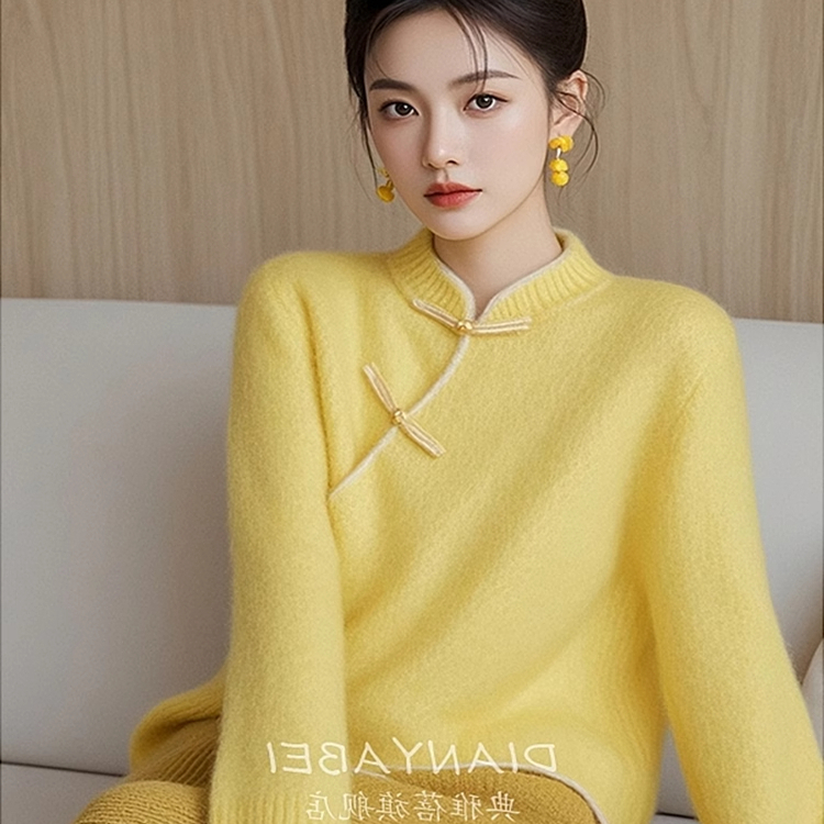 专柜撤回马海毛毛衣女款2025新款冬季新中式国风盘扣针织衫上衣