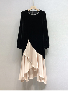 外贸专柜撤回新款女装灯笼袖荷叶边真丝丝绒连衣裙女欧货撞色长裙