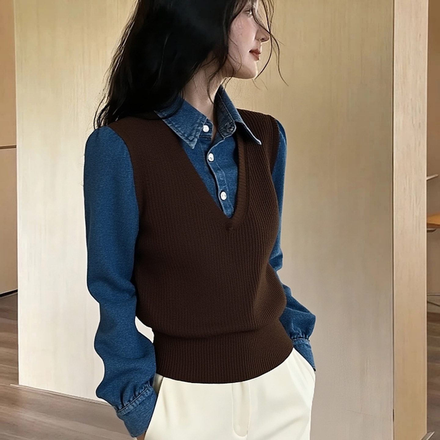 外贸撤回假两件咖色拼接针织衬衫女秋冬季洋气巨好看掐腰气质上衣