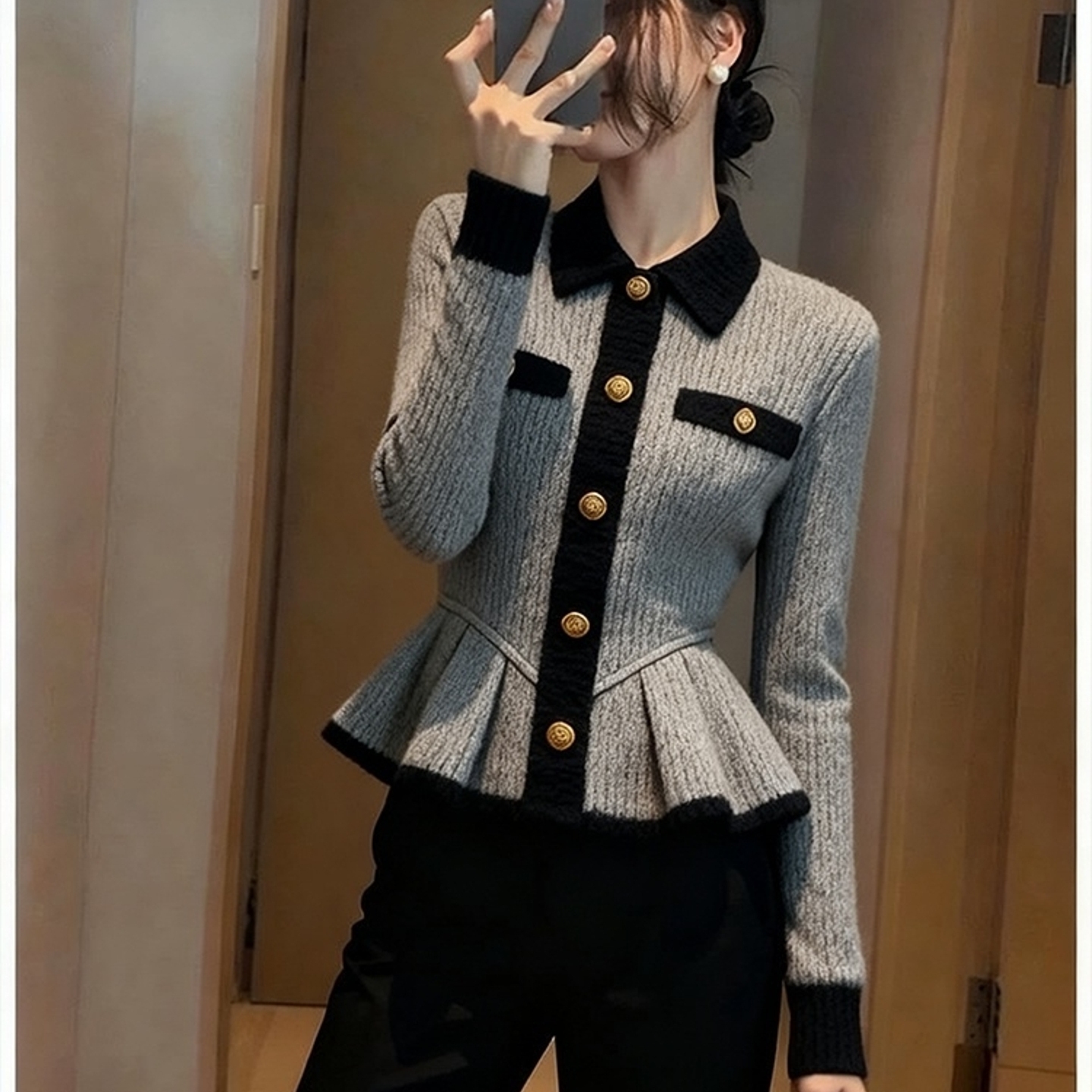 外贸撤回灰色拼接毛衣女秋冬季巨好看小众不撞款掐腰撞色针织外套