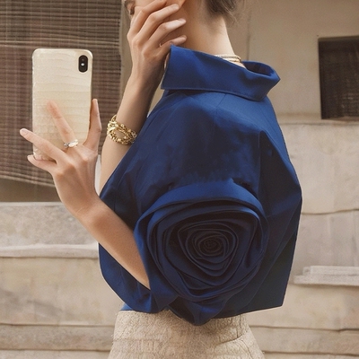 专柜撤回法式小上衣女2025新款宝蓝色衬衫女夏轻奢高级感漂亮小衫