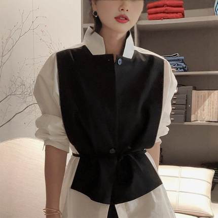 专柜撤回新款2024秋季法式复古假两件黑白拼接衬衫女装高级感上衣