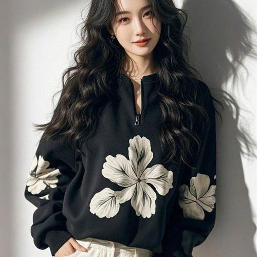 专柜撤回今年流行爆款超好看卫衣黑色半拉链v领印花宽松上衣女春