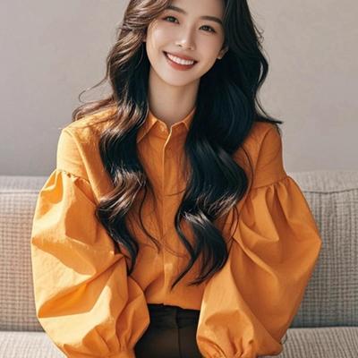 专柜撤回新款橙色灯笼袖单排扣衬衫女装冷淡系高级感独特别致上衣