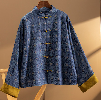 真丝花萝旗袍领中式衬衫女