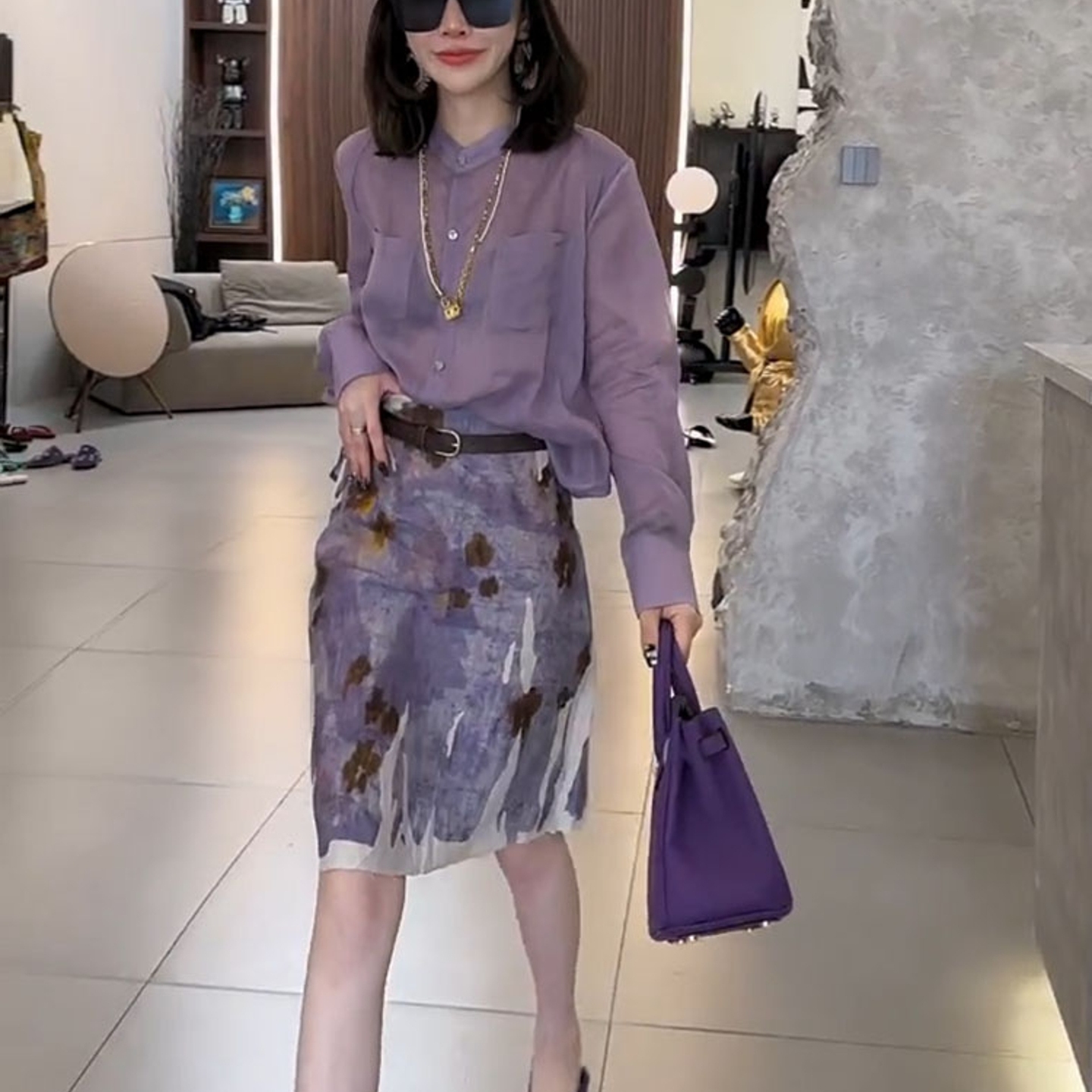 专柜撤回超火夏装一整套轻奢高级感女人味穿搭亚麻紫色衬衫套装裙