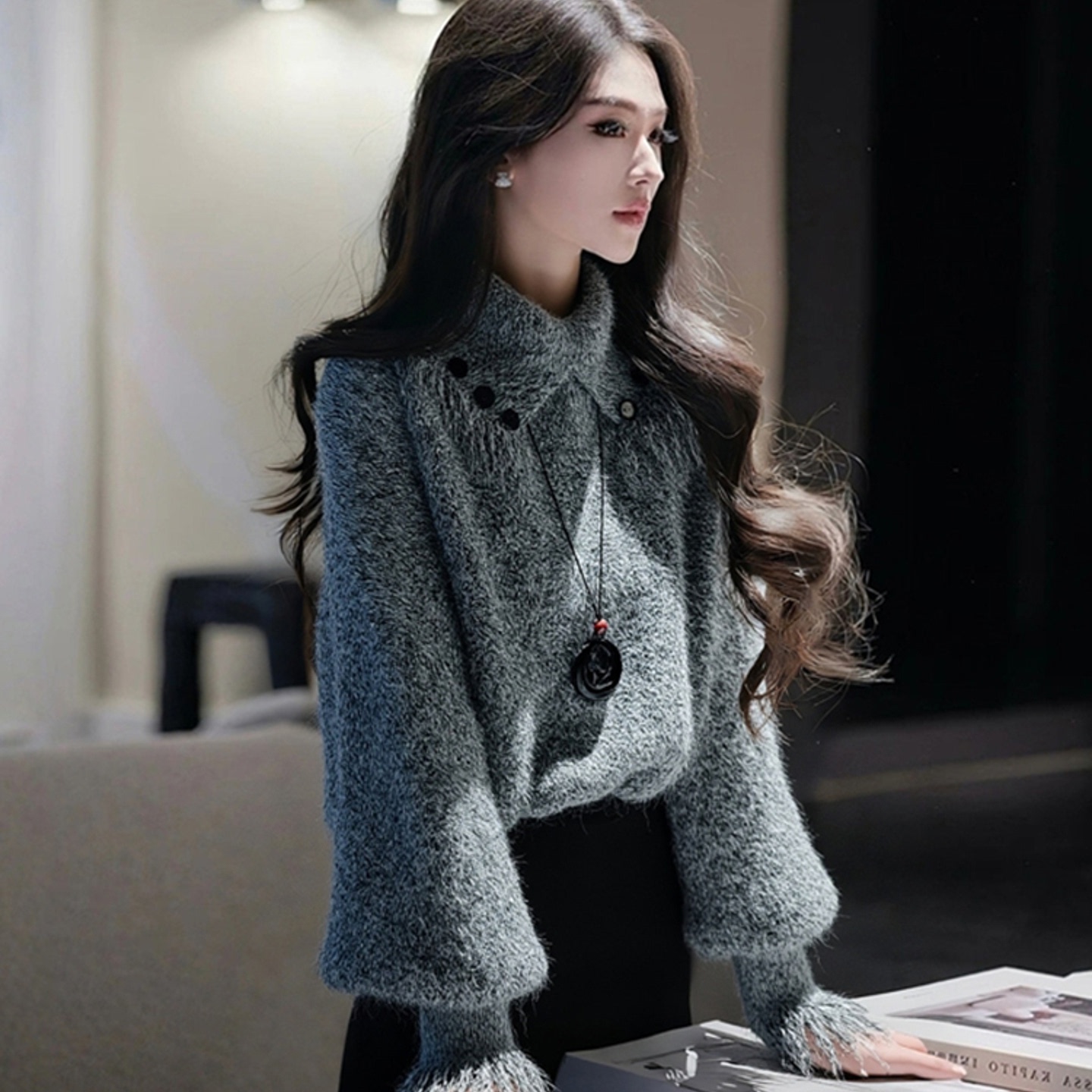 外贸撤回灰色毛衣女款冬超好看独特漂亮气质高端内搭翻领针织上衣