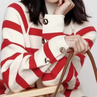 外面撤回女装宽松小众百搭韩版红白条纹针织上衣休闲撞色时尚穿搭