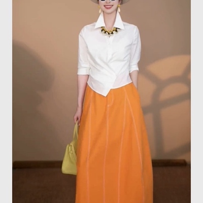 专柜撤回2025超火夏装一整套多巴胺穿搭橘色裙子女士休闲职业套装