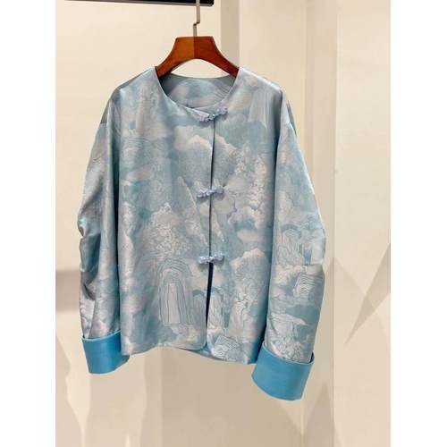 中国风蓝色对襟盘扣缎面上衣