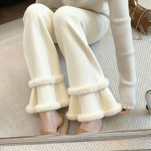 外贸撤回深冬独特超好看裤子加厚保暖时尚气质高端显瘦白色喇叭裤