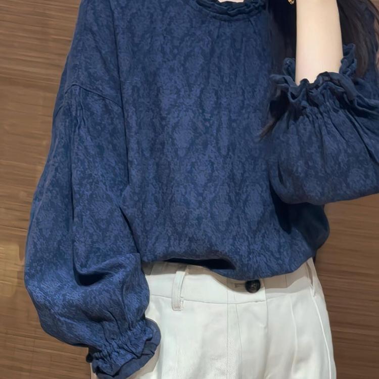 专柜撤回新款藏蓝色菱格暗纹木耳花边衬衫独特超好看上衣2025秋季