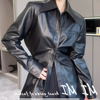 外贸撤回黑色翻领pu皮衣女秋季2025新复古飘带设计感小众修身外套