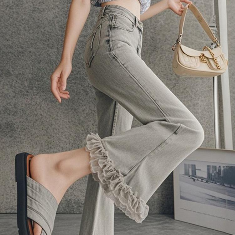 专柜撤回2025春季慵懒风阔腿高腰垂感显瘦白色花边牛仔休闲裤女