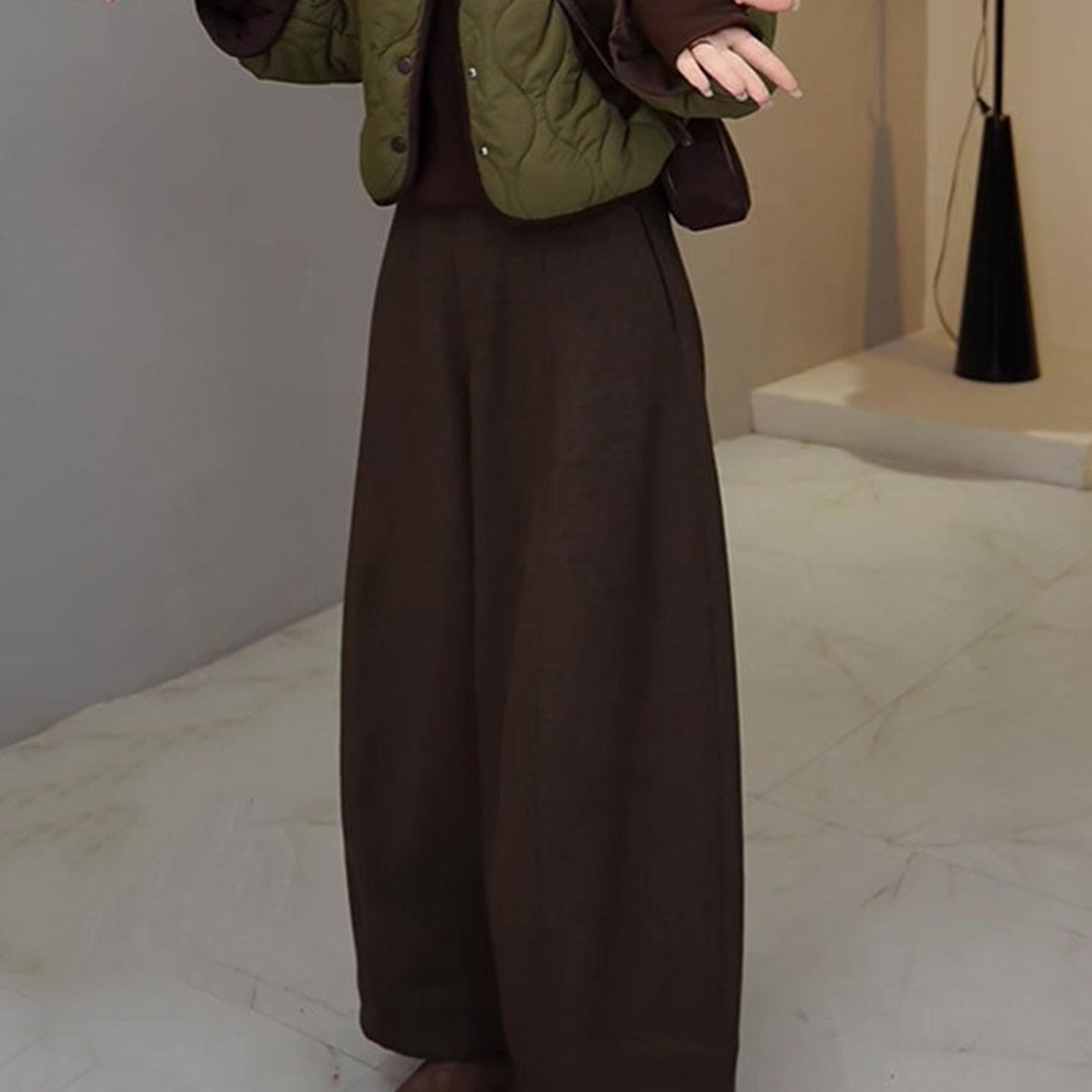 外贸撤回宽松休闲遮肉设计感小众高级感棕色加绒毛呢阔腿裤女装,女装/女士精品,大码裤装,淘宝优惠券,粉丝福利购,淘宝优惠卷