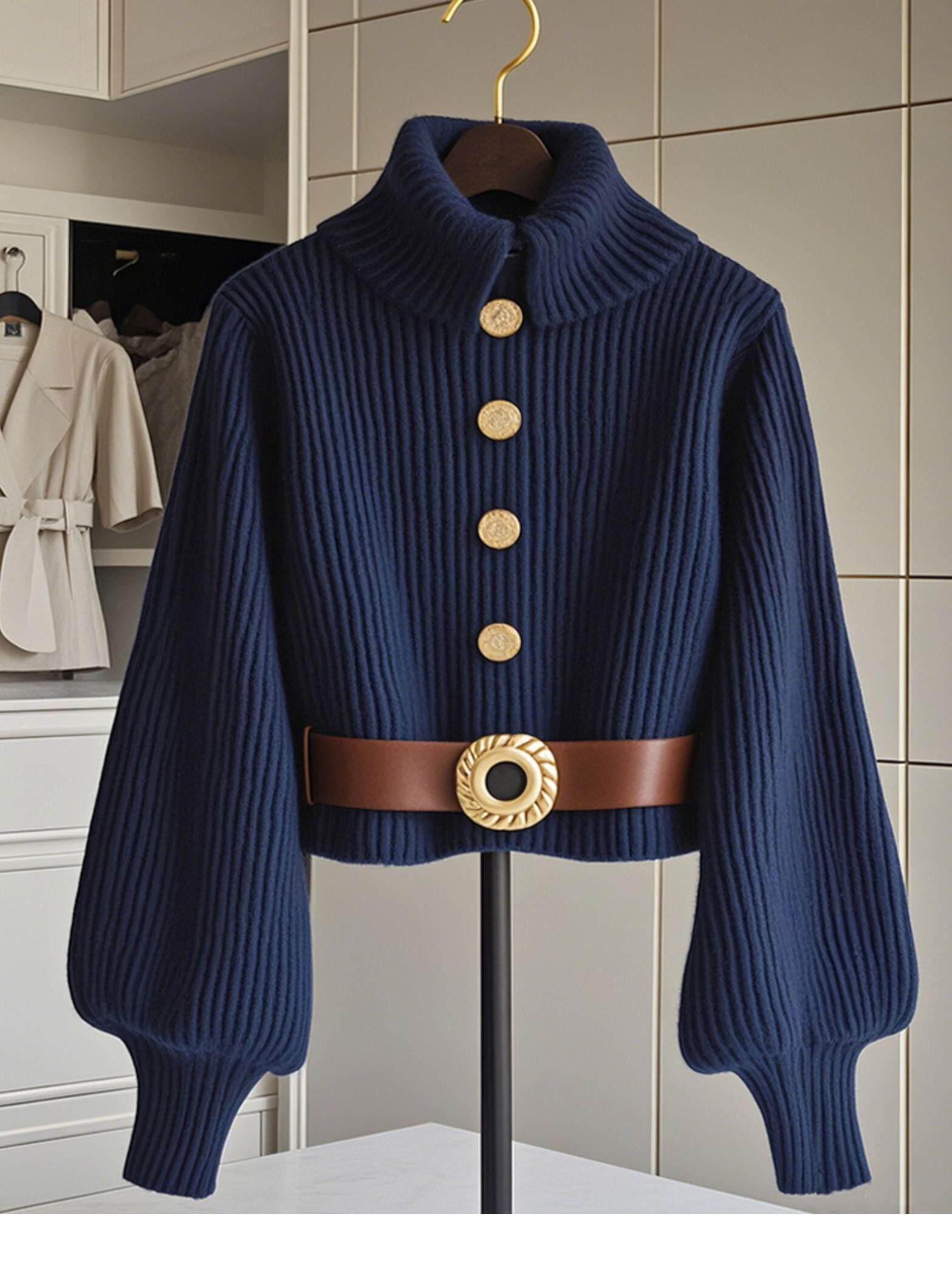 카운터는 새로운 스타일의 게으른 스타일 독특하고 시크하고 아름다운 상의 고급스럽고 멋진 남색 니트 스웨터를 철수했다