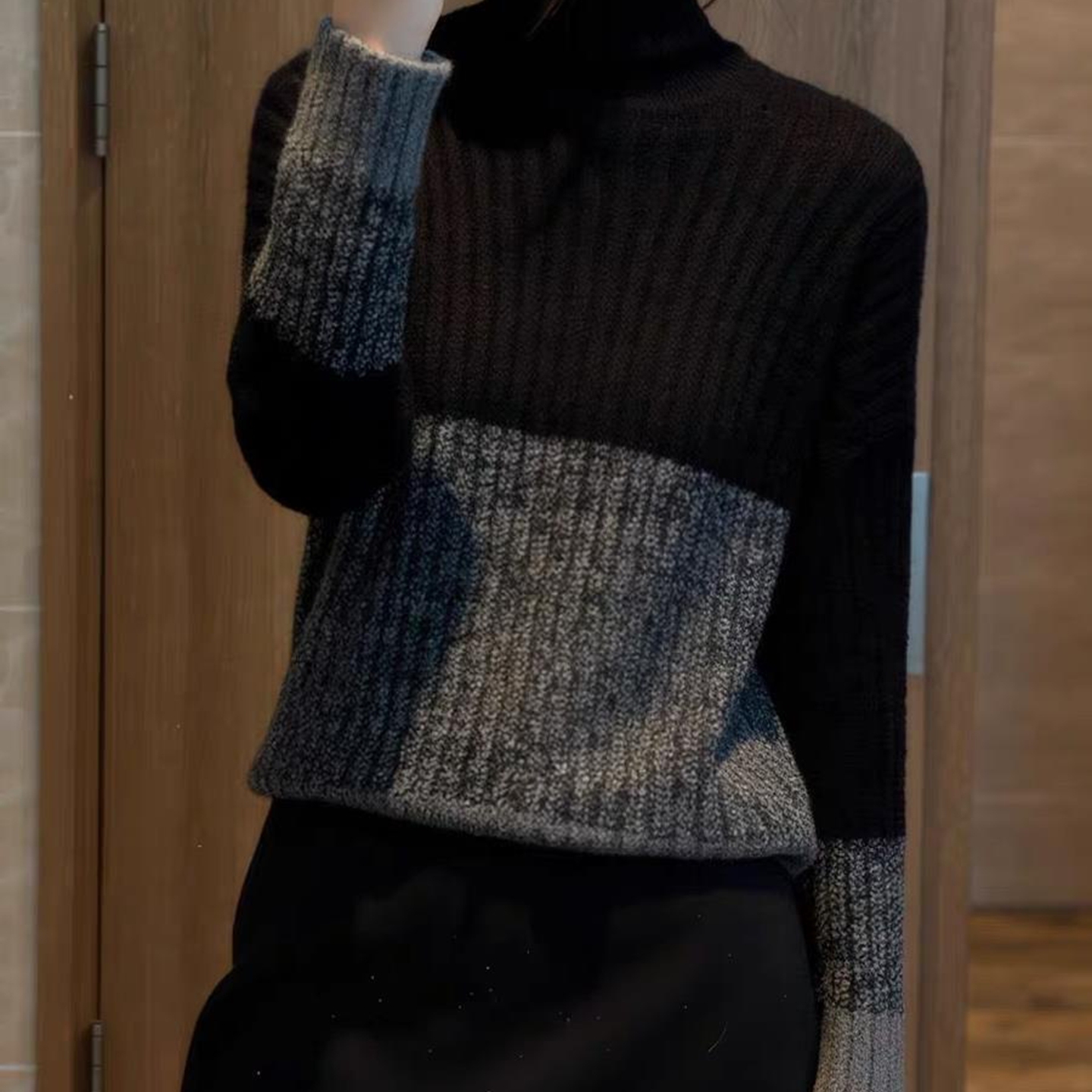 外贸撤回新款女装高领拼色设计感加厚坑条针织毛衣宽松长袖打底衫