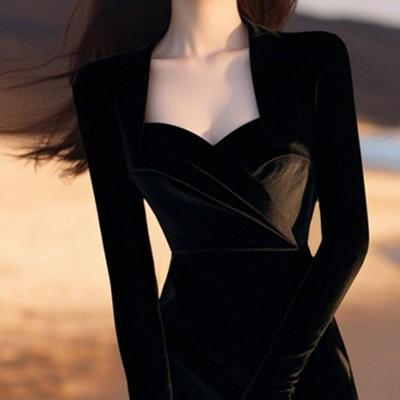 专柜撤回新款御姐风情万种轻奢高级感上流社会气质黑色丝绒连衣裙