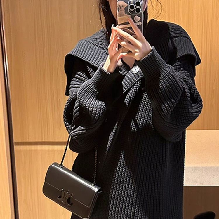 外贸撤回黑色翻领中长款毛衣外套女加厚慵懒风宽松针织开衫高级感