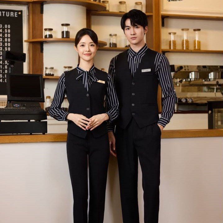 服务员工作服秋冬上衣衬衫长袖条纹男女新款中式餐饮酒店饭店火锅