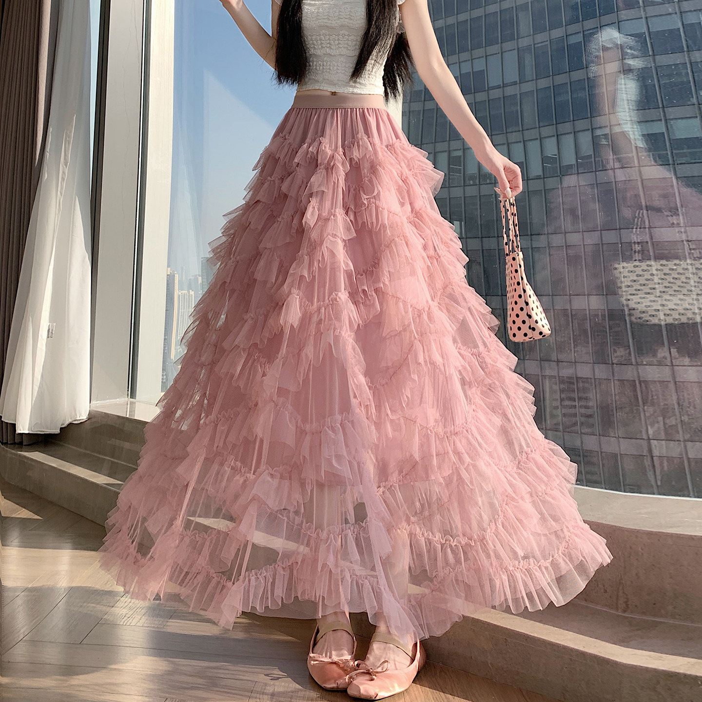 甜美超仙重工花边网纱A字半身裙2026春夏显瘦大摆蛋糕纱裙中长裙