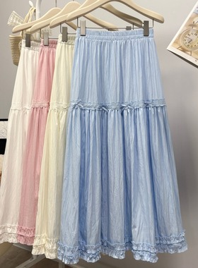 2026早春新款韩系蕾丝花边蝴蝶结拼接蛋糕裙甜美木耳边蓝色半身裙