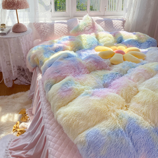 床裙式 长毛绒四件套 夹棉加厚保暖1.8床 彩虹粉蓝色升级款 新款