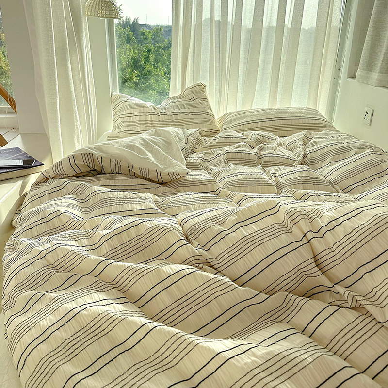 鱼梦 春夏全棉水洗棉泡泡纱褶皱四件套 黑白条纹纯棉少女心被套