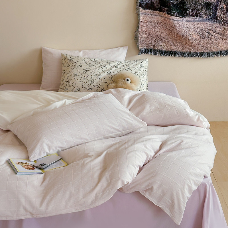 粉色格子提花四件套 春秋季碎花混搭素雅床上用品全棉纯棉床品,床上用品,床品套件/四件套/多件套,淘宝优惠券,粉丝福利购,淘宝优惠卷