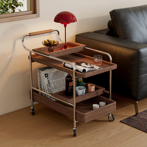 实木可移动边几中古收纳小推车