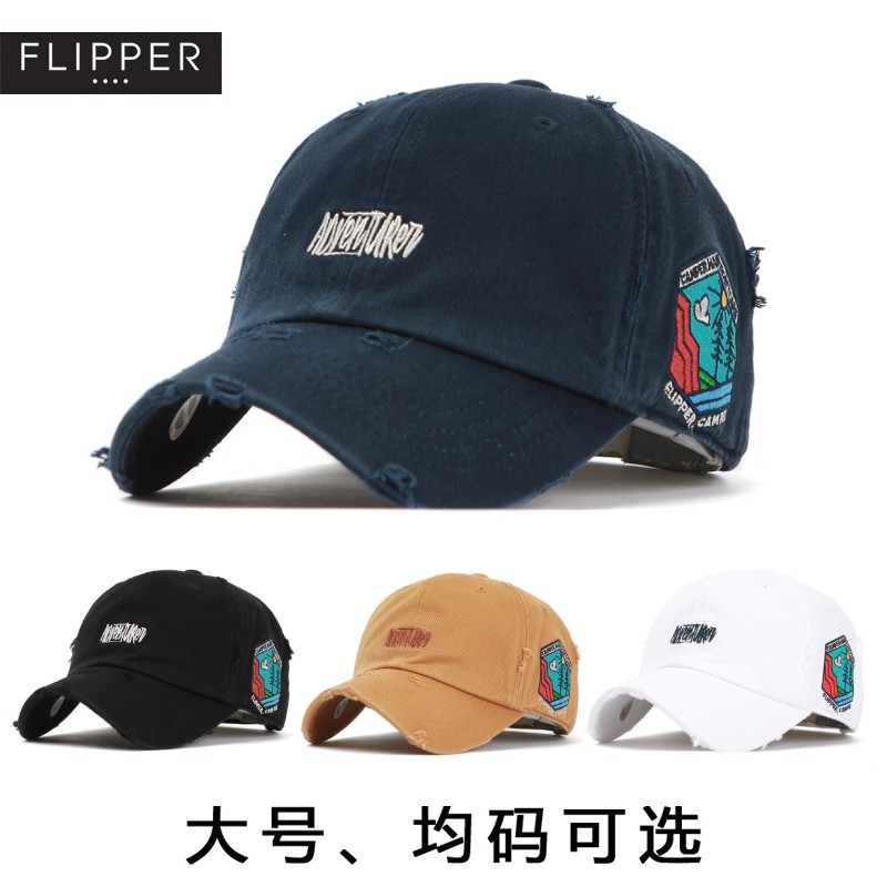 韩国代购Flipper棒球帽谢霆锋同款软顶破洞做旧大头围鸭舌帽子潮