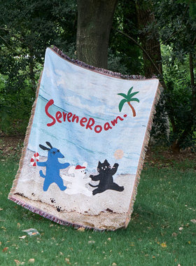 SOREMO 悠然漫步小狗盖毯重工提花毯艺术挂毯中古风沙发毯休闲毯