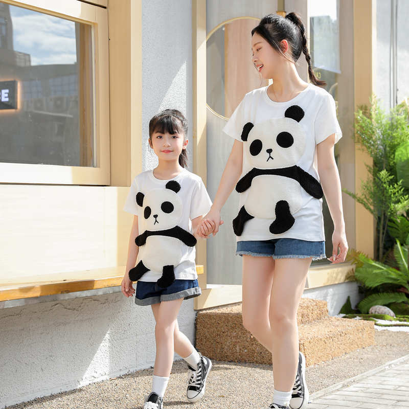 原创立体动物图案小熊猫衣服儿童T恤短袖男童女童夏装亲子装上衣