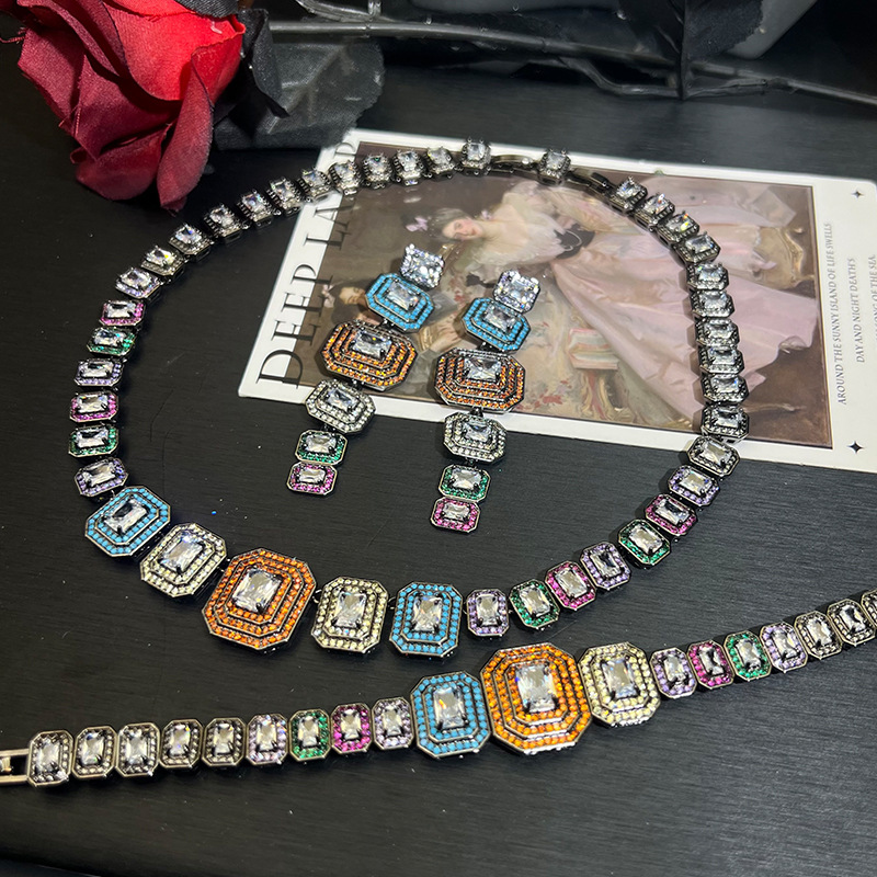 欧美古巴链枪黑锆石重工首饰套装小众时尚高级感跨境热销耳饰项链