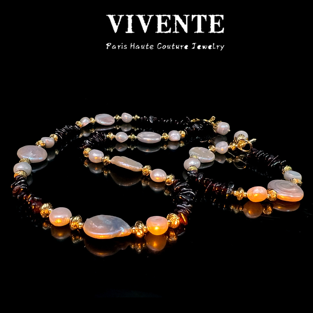 新中式石榴石淡水珍珠项链 中古风古典优雅原创中古风手链锁骨链