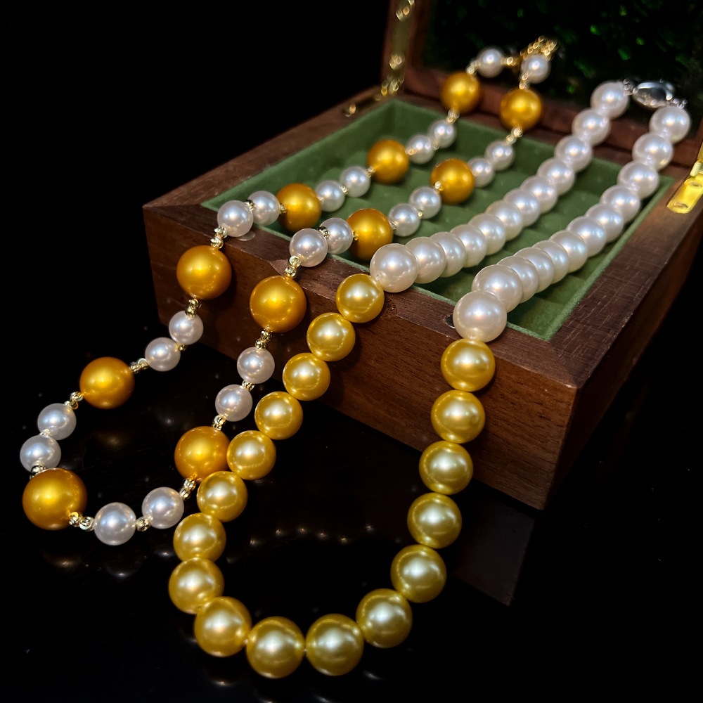 法式高亮施华洛混此珍珠 vintage复古老钱风白金双色手工串珠项链