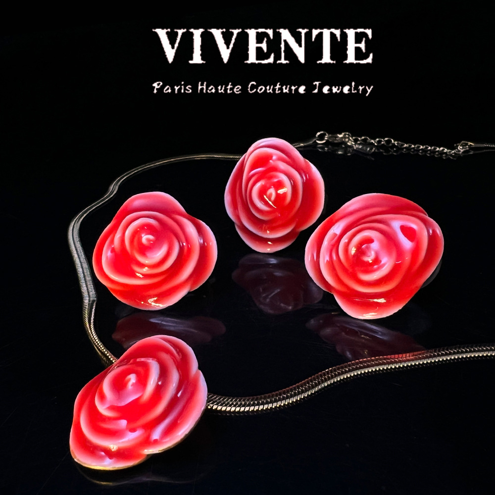 法式陶瓷手绘玫瑰花首饰套装 小众精致高级感戒指项链无耳洞耳夹