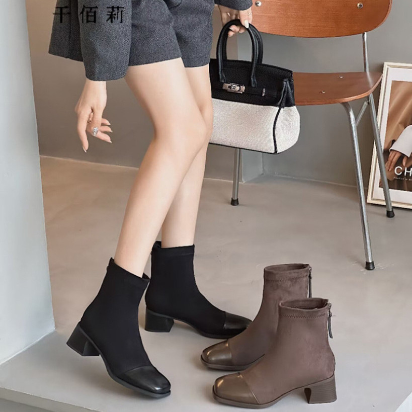 专柜正品真皮粗跟短靴女2024年秋冬新款单靴气质小香风弹力瘦瘦靴