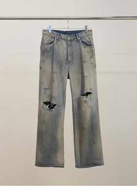 【代购】ANCELLM 26ss Crash 5P denim pants 直筒中宽破坏牛仔裤