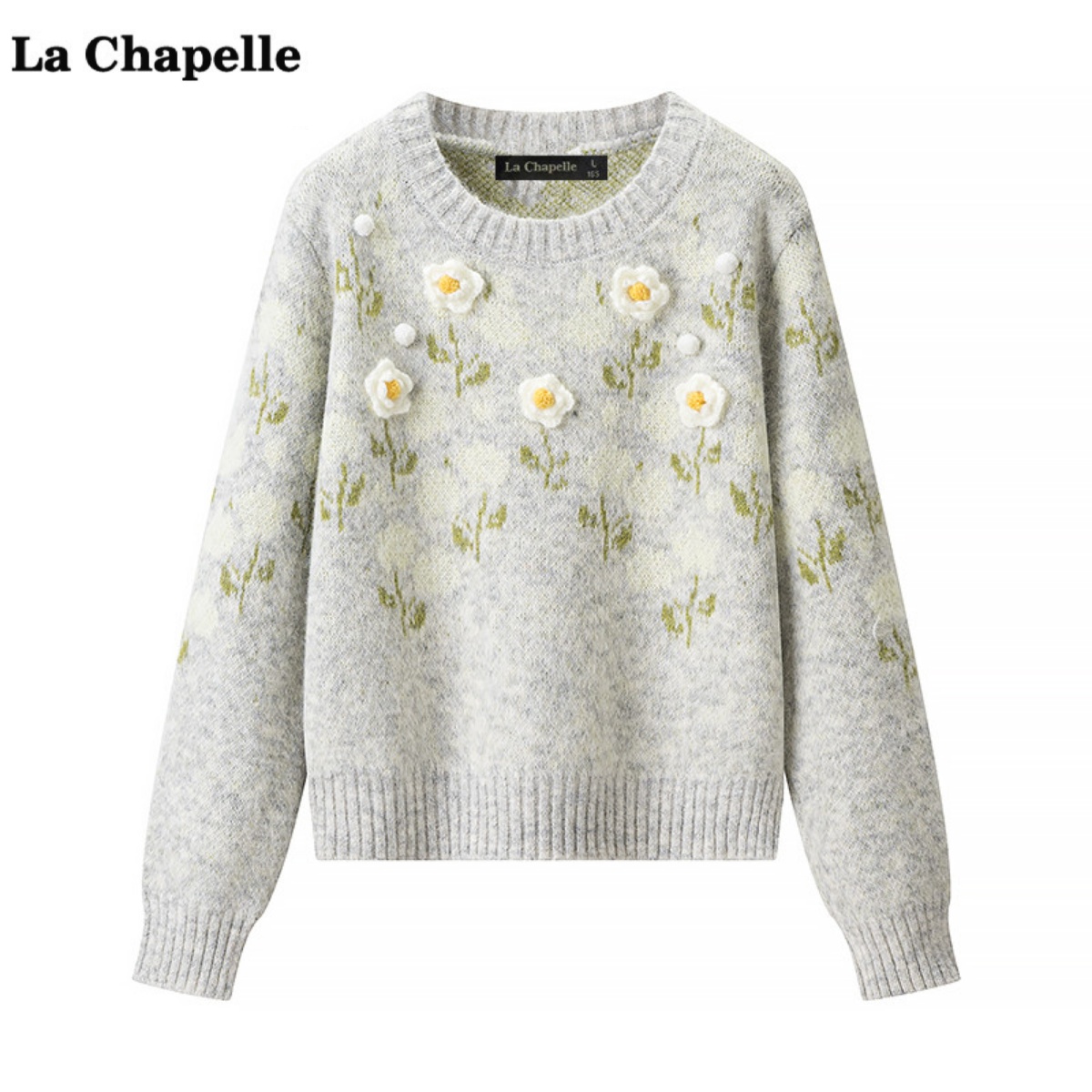 拉夏贝尔/La Chapelle慵懒风立体花朵毛衣女秋冬季圆领百搭针织衫