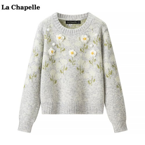 拉夏贝尔/La Chapelle慵懒风立体花朵毛衣女秋冬季圆领百搭针织衫