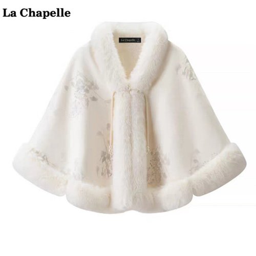 拉夏贝尔/La Chapelle新中式提花斗篷披肩女秋冬外搭旗袍毛领披风