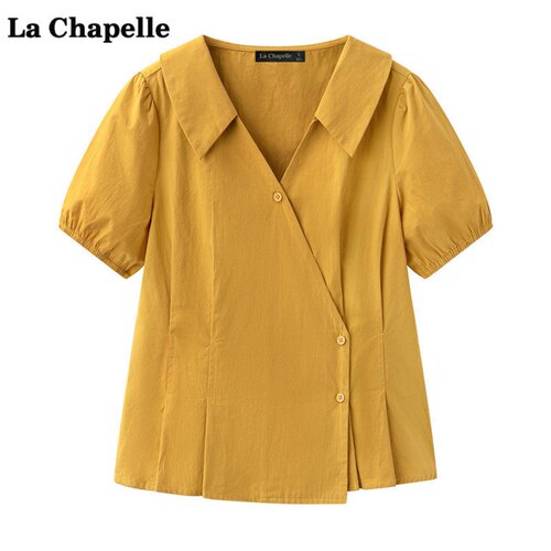 拉夏贝尔/La Chapelle简约收腰短袖衬衫女夏新款气质V领显瘦上衣