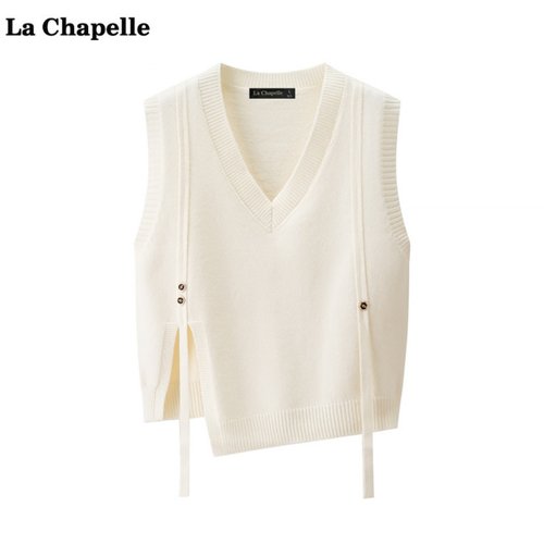 拉夏贝尔/La Chapelle时尚V领针织马甲女秋系带开叉显瘦叠穿背心