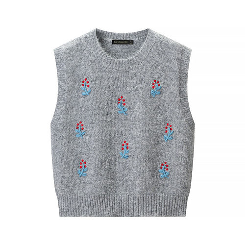 拉夏贝尔/La Chapelle韩系花朵刺绣圆领针织马甲女叠穿百搭背心