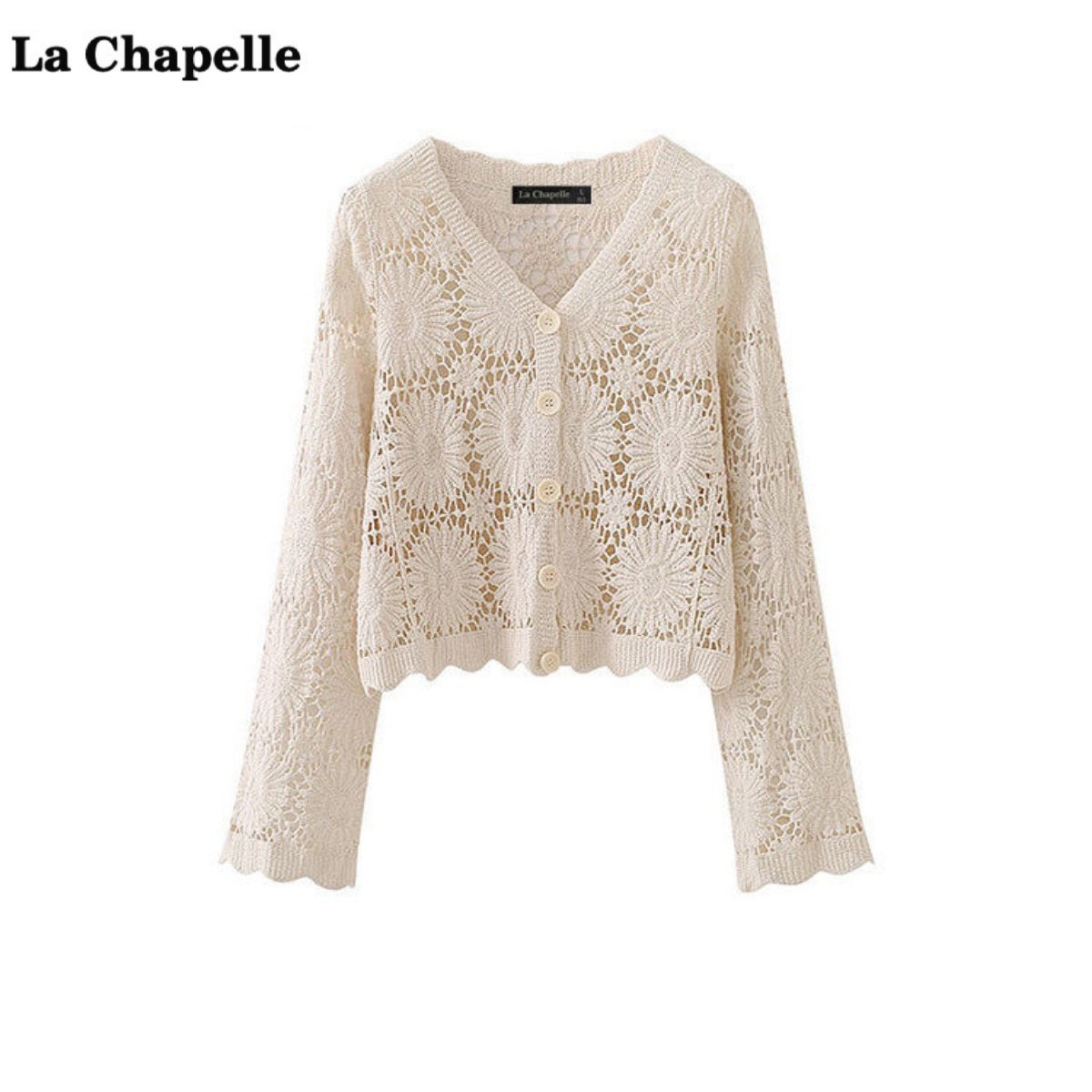 拉夏贝尔/La Chapelle勾花镂空V领针织开衫女长袖防晒薄款上衣,女装/女士精品,毛针织衫,淘宝优惠券,粉丝福利购,淘宝优惠卷