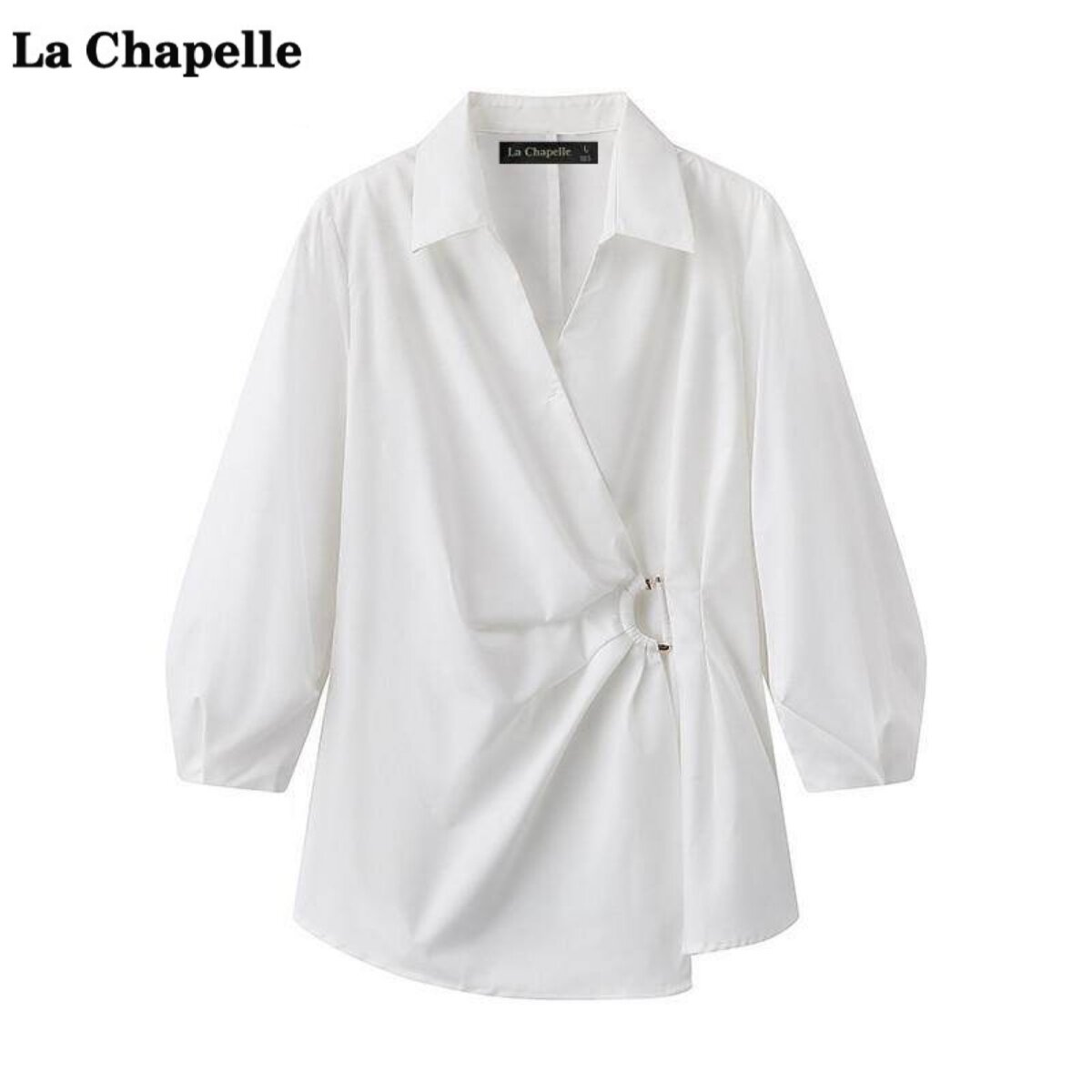 拉夏贝尔/La Chapelle白色衬衫女春季新款V字翻领高级感掐腰上衣
