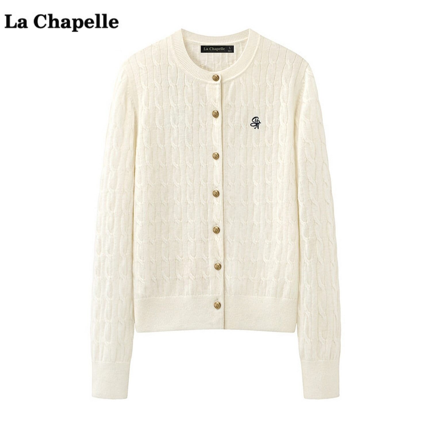 拉夏贝尔/La Chapelle复古麻花纹针织开衫女秋冬圆领百搭显瘦毛衣