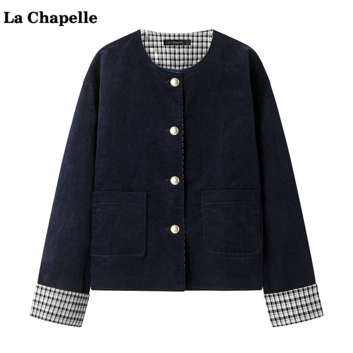 拉夏贝尔/La Chapelle复古灯芯绒外套女秋冬格子拼接气质夹克上衣